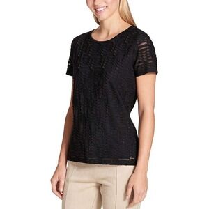 Calvin Klein Black‎ Lace Top Sheer Short Sleeve Blouse Elegant Size Large